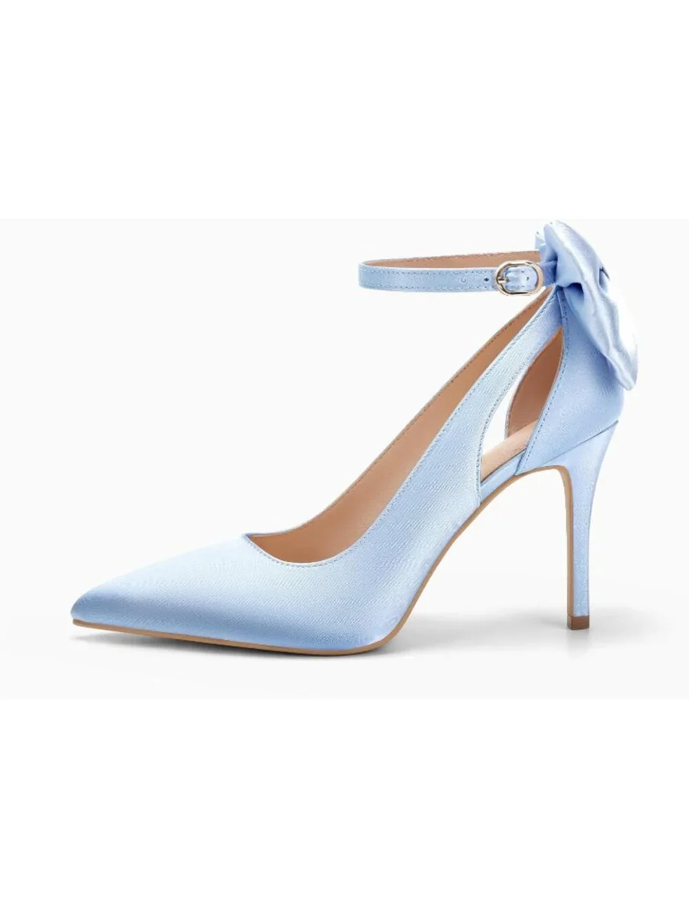 Women's Satin Blue Pointed Toe High Heels Ankle Strap Sexy Bowtie Back Sandals